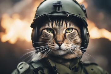 Cat soldier. Cat in military uniform. War cat in a helmet. Concept of resistance to aggression....