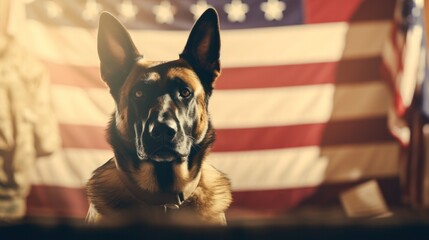 us armed forces k-9, american serviceman with loyal german shepherd against backdrop of american flag, commemorating veterans day - obrazy, fototapety, plakaty