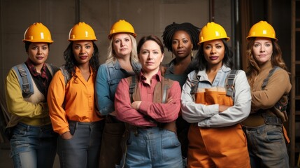 Portrait of a group of confident young women working at construction site wearing uniform.