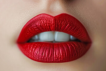 Closeup shot of beautiful female lips with red lipstick. Red lips makeup.