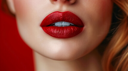 Closeup shot of beautiful female lips with red lipstick. Red lips makeup. - obrazy, fototapety, plakaty