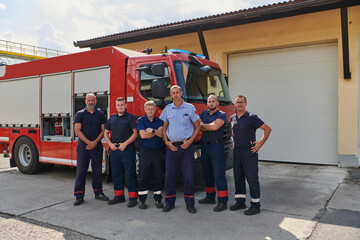 A skilled and dedicated professional firefighting team proudly poses in front of their state of the...