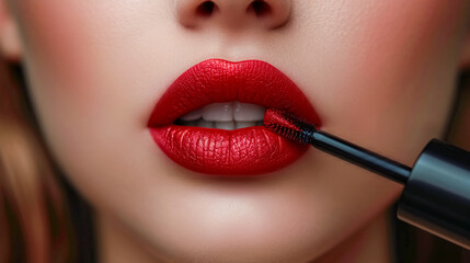 Close-up of red lips applying make-up with black mascara. 
