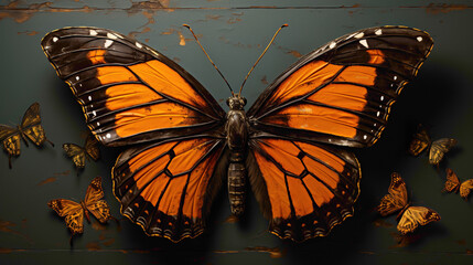 A lone monarch butterfly on a canvas of rich chocolate brown.