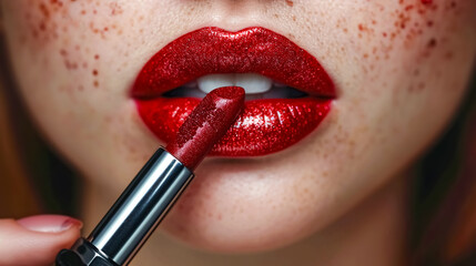 Closeup shot of beautiful female lips with bright red lipstick. Makeup concept - obrazy, fototapety, plakaty