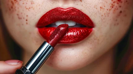 Fotobehang Closeup shot of beautiful female lips with bright red lipstick. Makeup concept © korkut82