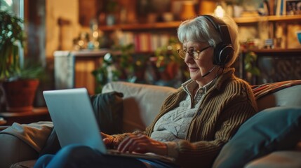 Senior woman with headphones using laptop while sitting on sofa at home.