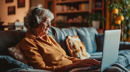 Elderly woman in headphones using laptop at home. Old age and technology concept.