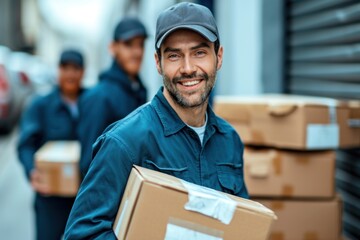 Portrait of delivery man, delivering packages, products or a food delivery or a small business owner for example a plumbers, engineer or a handyman - obrazy, fototapety, plakaty