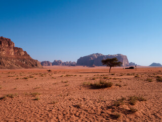 Journeys in the Wadi Rum desert in Jordan, between mountains and camels