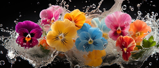 Close-up of pansy flowers with water droplets on dark background.