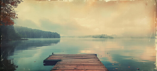 Misty lake view from rustic wooden pier in autumn. Tranquility and nature.