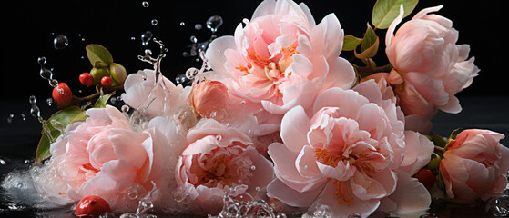 Close-up of pink peony flowers with water droplets.