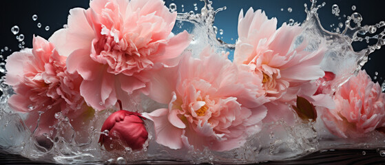 Close-up of pink peony flowers with water droplets.