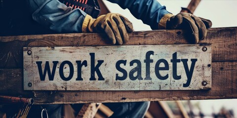 Work safety warning sign on the background of a man in overalls. - obrazy, fototapety, plakaty