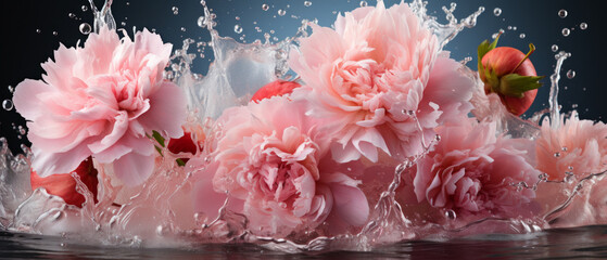 Close-up of pink peony flowers with water droplets. - obrazy, fototapety, plakaty