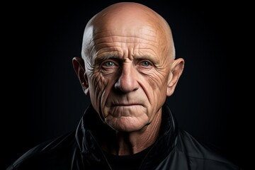 Portrait of an old man in a black leather jacket on a dark background.