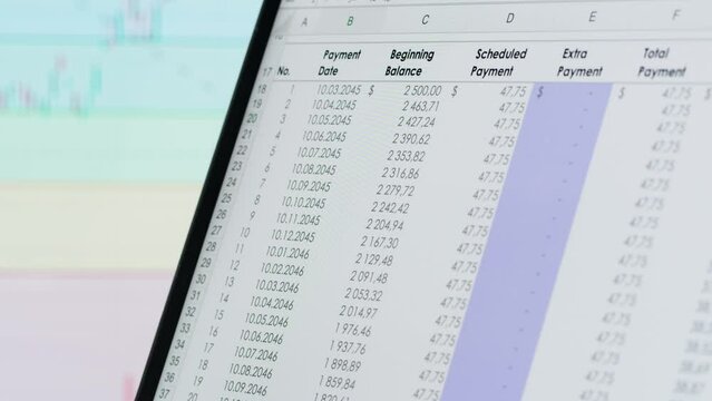 Close-up of financial cash flow data on PC screen. Mortgage payment sheet schedule. Loan fee