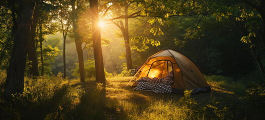 Camping tent illuminated at sunrise in forest. Outdoor adventure.