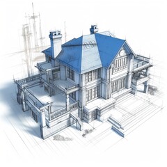 3d architecture blueprint sketch house model illustration white background AI Generated art
