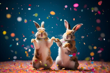 two easter rabbit dancing, party concept , Generative AI