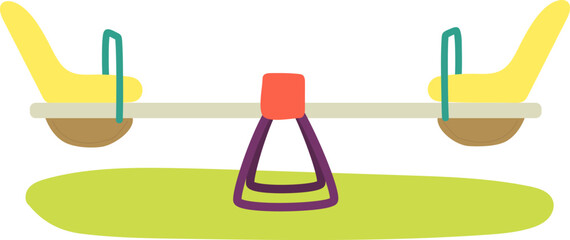 Colorful seesaw in playground, balanced seesaw on green grass, children's play equipment vector illustration. Fun outdoor activities, playground equipment, balance concept illustration.