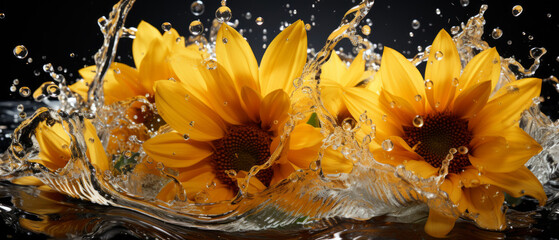 Elegant sunflower bloom in water splashes and vivid contrast.