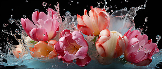 Close-up of tulip flowers with water splashes.