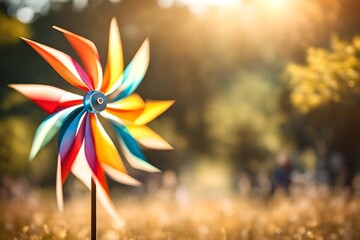 A homemade pinwheel spinning in the wind, with a blurred background of a sunny day. - obrazy, fototapety, plakaty