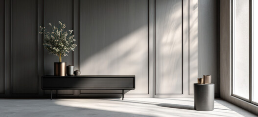 Minimalist interior design with elegant furniture and sunlight. Modern home decor.