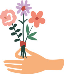 Flower in hand flat illustration, vector illustration on white background. Floral concept.