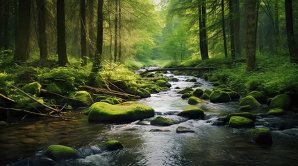 Wandcirkels tuinposter river with mossy rocks in the middle of a tropical forest © nomesart