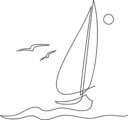 Yachts on sea waves. Seagull in the sky. Continuous line  drawing. Vector illustration. Isolated on white background - 707185090