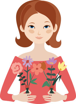 Young woman with flowers in her hands. Vector illustration in cartoon style, flat design.