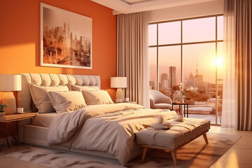 Fototapeta na wymiar The design of the bedroom with bright orange and beige nuance with a spacious room. Modern minimalist bedroom interior design. Aesthetic luxury room decoration and unique furniture and eye-catching