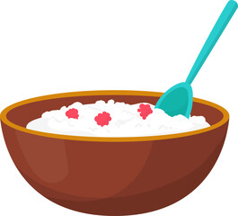 Bowl of rice with red garnish and a blue spoon. Simple cartoon style rice dish with decorations. Healthy eating and meal concept vector illustration.