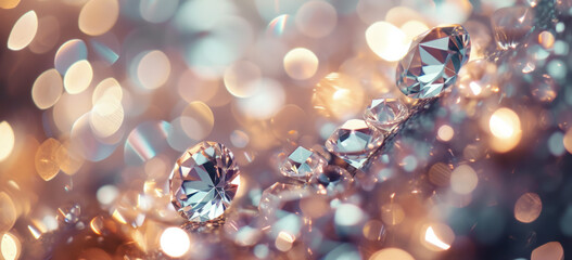 Shimmering diamonds on metallic surface with bokeh lights. Luxury and glamour.
