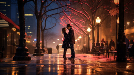 Explore the urban charm of Valentine's Day by photographing a couple strolling through a cityscape illuminated with twinkling lights. 