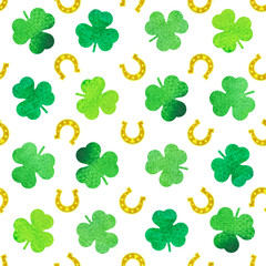 St.Patrick's day seamless pattern with watercolor clover leaves and golden coins on white background