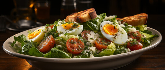 Fresh Caesar salad with grilled chicken, romaine lettuce, and boiled eggs, served on a rustic wooden background.