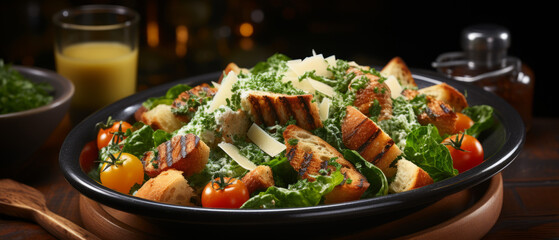 Fresh Caesar salad with grilled chicken, romaine lettuce, and boiled eggs, served on a rustic wooden background.