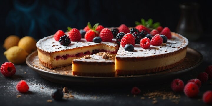 slice chocolate cake with berries 3d rendering, cake, 