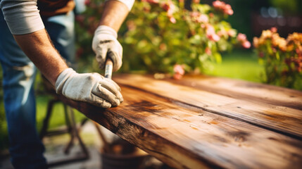 Close up paintbrush in hand and painting wooden table or bench for garden.
