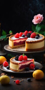 cake with fruits and berries 3d rendering, cake, food, bakery, 