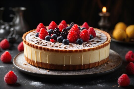 chocolate cake with raspberries 3d rendering, cake, food, bakery, 