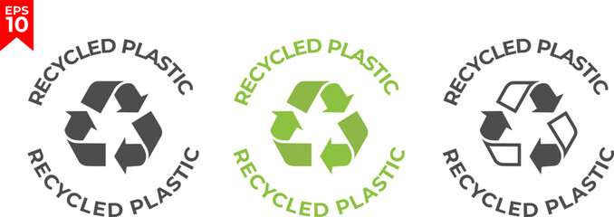 100% recycled plastic label. Eco friendly packaging symbol. Flat design. Vector illustration. - obrazy, fototapety, plakaty