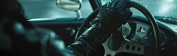 person in gloves in front of the wheel. - obrazy, fototapety, plakaty