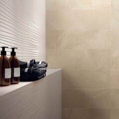 Bathroom interior with beige marble walls. 3D Rendering