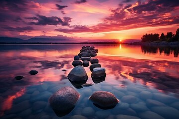 Stones in lake during sunset. Generative AI