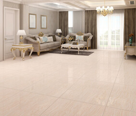 Chic living room filled with built-in cabinets flanking round mirror atop grey tile fireplace, tufted sofa facing two armchairs and window wall overlooking lush outdoors. 3D Rendering